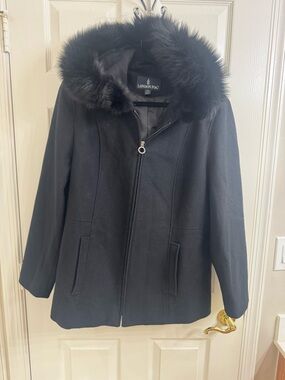 London Fog Women's Black Wool Blend Coat with Fox Fur Hood Size XL